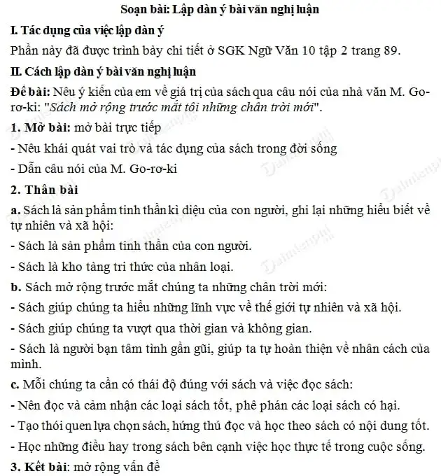 Bài tập ví dụ về lập dàn ý bài văn nghị luận