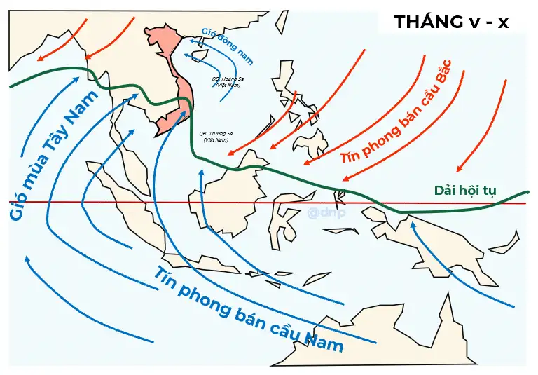 Bản đồ Việt Nam với hướng gió mùa và vị trí trong vùng nhiệt đới.